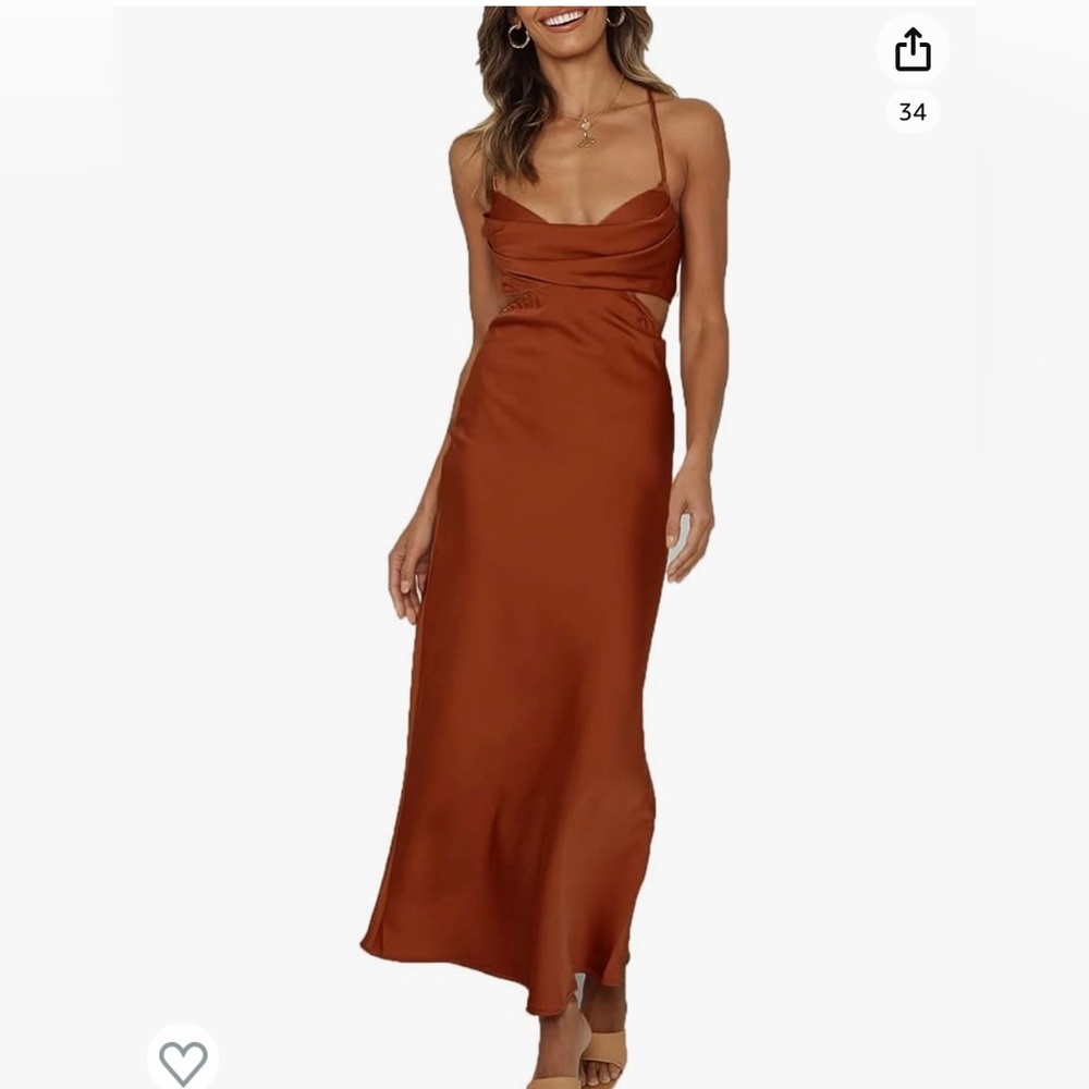 Satin Silk Slip Backless Dress Rust